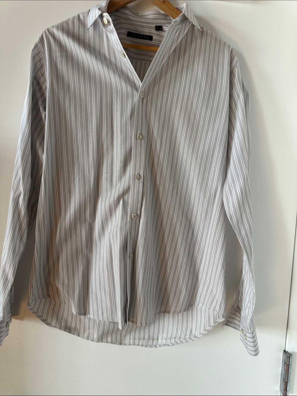 Theory Men's Grey White Stripe Button Up Dress Shirt Long Sleeve M